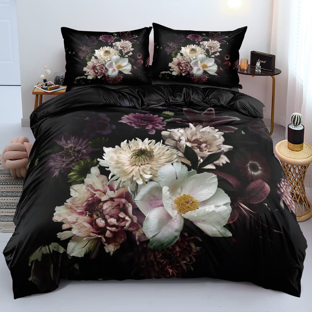 Luowei Bettwäsche 135x200 Schwarz Blumen Vintage mit 80x80 Reißverschluss Kissenbezug, Mikrofaser