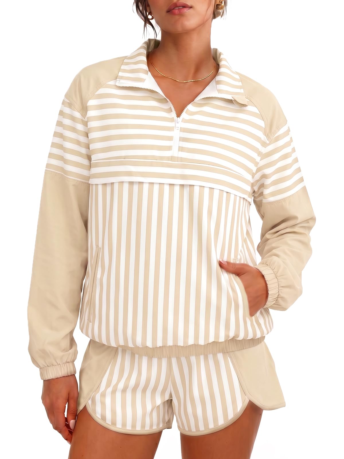 Fisoew Set da 2 pezzi a righe da donna, per tennis, atletica, abbigliamento