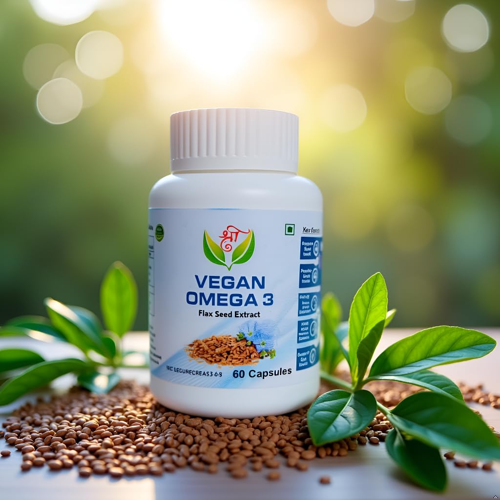 Shri Vegan Omega‑3 Flax Seed Extract | Omega 3 6 9 Multivitamin Supplement for Men & Women | Brain, Heart & Joint Health | 60 Easy-to-Swallow Capsules | Immunity Booster | 100% Vegan**