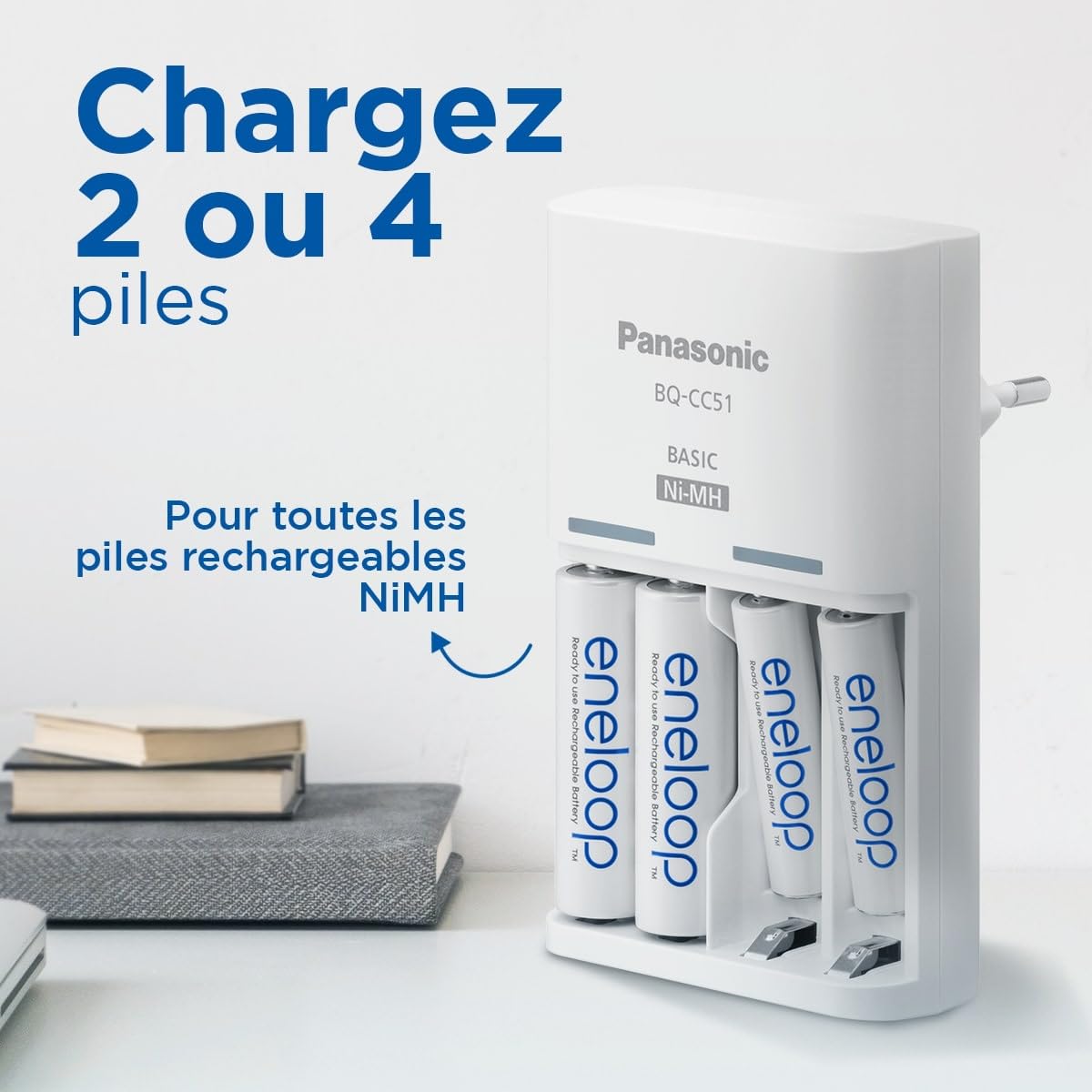 Chargeur eneloop Basic pour 2 ou 4 Piles Ni-MH AA/AAA. Nouvelles Fonctions de sécurité, fourni avec 4 Piles eneloop AAA/Micro, capacité renforcée et 6 Fonctions de sécurité