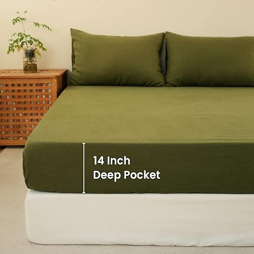 Miniatura 4 de Sábana bajera de 100 % lino lavado a la piedra, color sólido  (1 pieza) funda de colchón de 14 pulgadas de profundidad suave, natural y