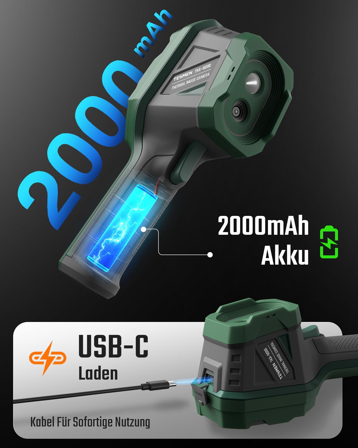 TESMEN TKA-6000 Wärmebildkamera, Handheld-Infrarotkamera, 240 x 240 IR-Auflösung, Bereich -20°C bis 550°C, 25 Hz Thermokamera, Ultra-empfindlich 40 mK, Live-Tracking für HVAC & Hausinspektion