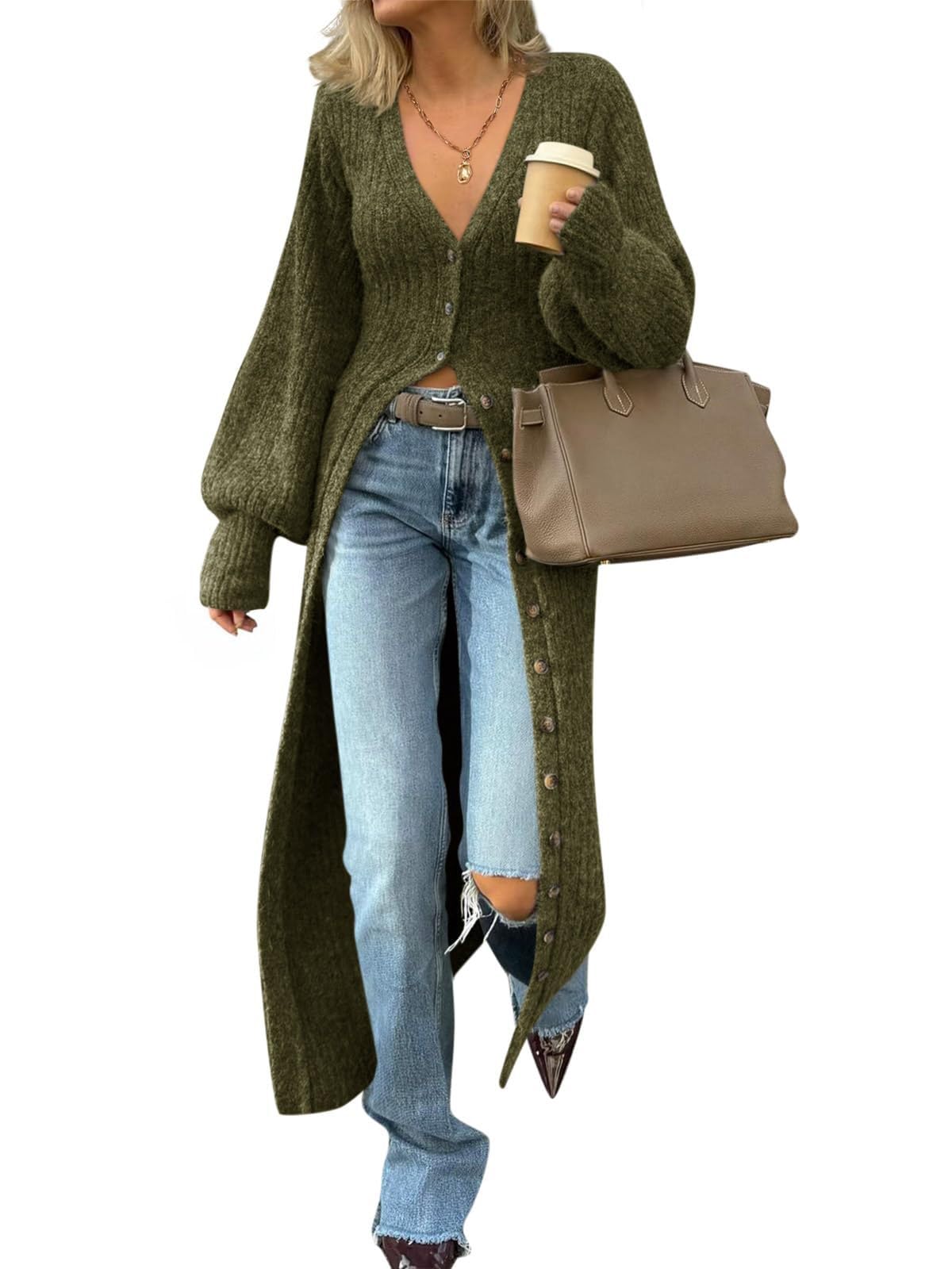 ebossy Womens V Neck Long Cardigan Lantern Sleeve Button Down Rib Knit Maxi Sweater Coat 2025 Trendy Winter