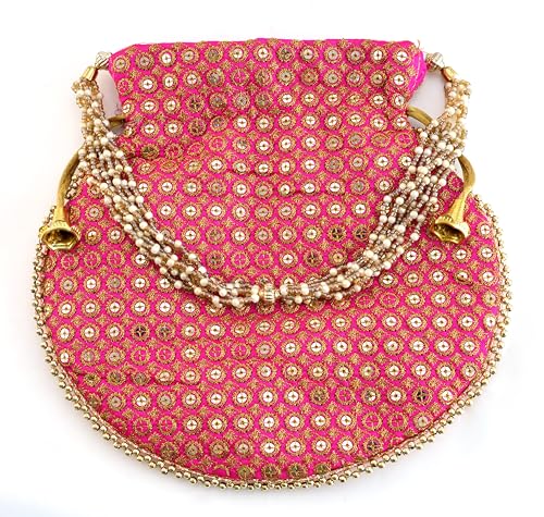 Image of Potli Bag Golden work wedding potli for ladies Gift for women handbags traditional Indian Wristlet with Drawstring Ethnic Embroidery Fashion Potli.