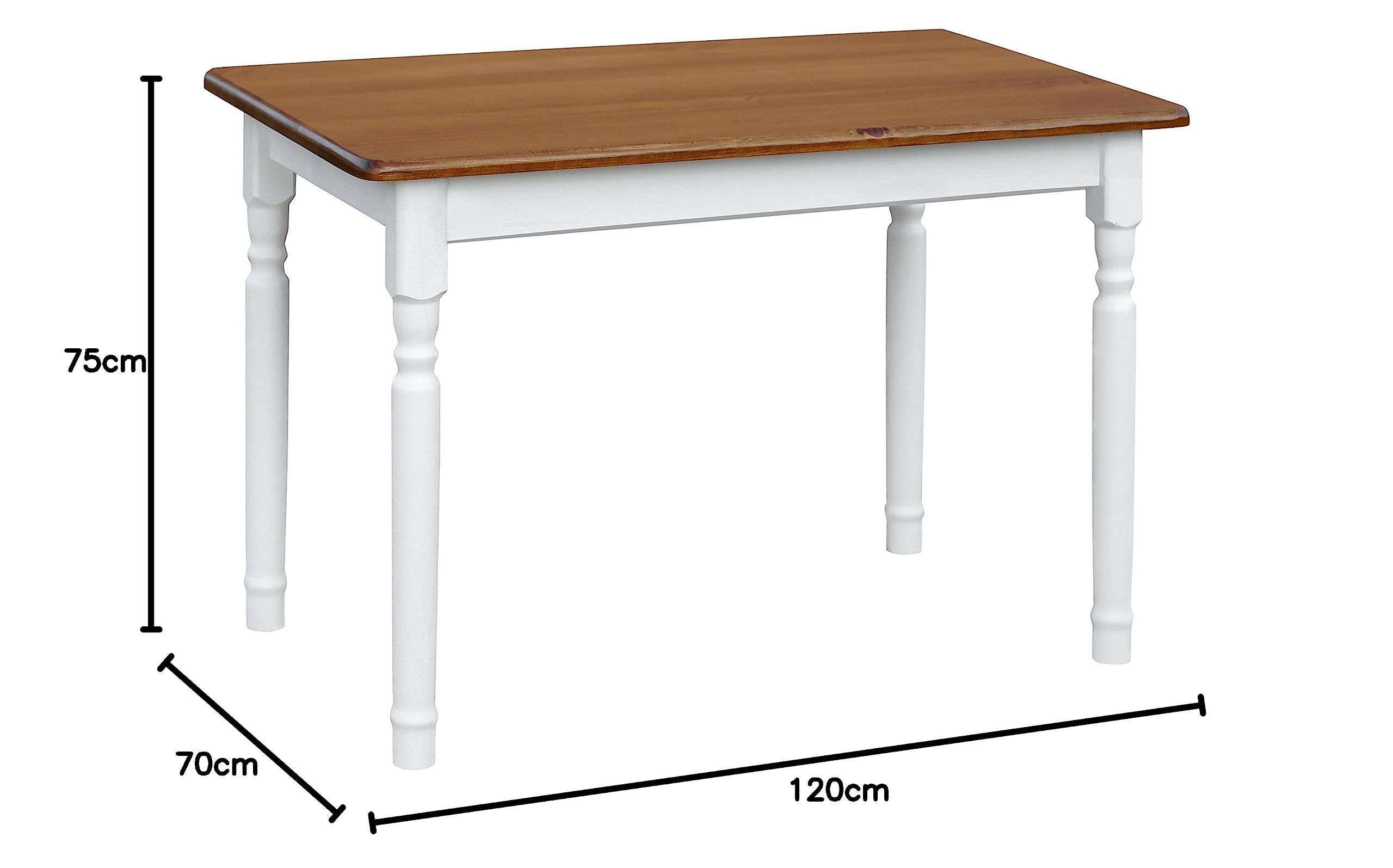 Table à Manger Style Maison de Campagne 120 x 70 cm – Bois Massif de pin avec Plateau Aspect chêne, Pieds Blancs