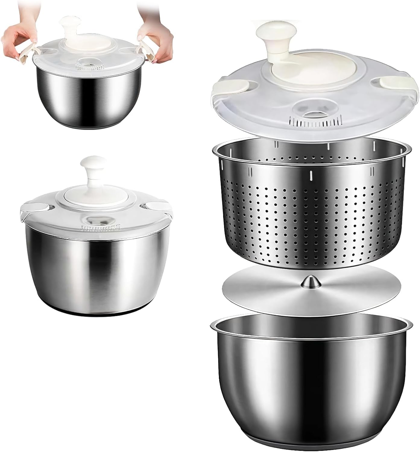 Stainless Steel Salad Spinner, 6L Multi-Use Lettuce Spinner with PP Lid, Large Vegetable Washer with Non-Slip Base, Fruit Washer，Vegetable Dryer
