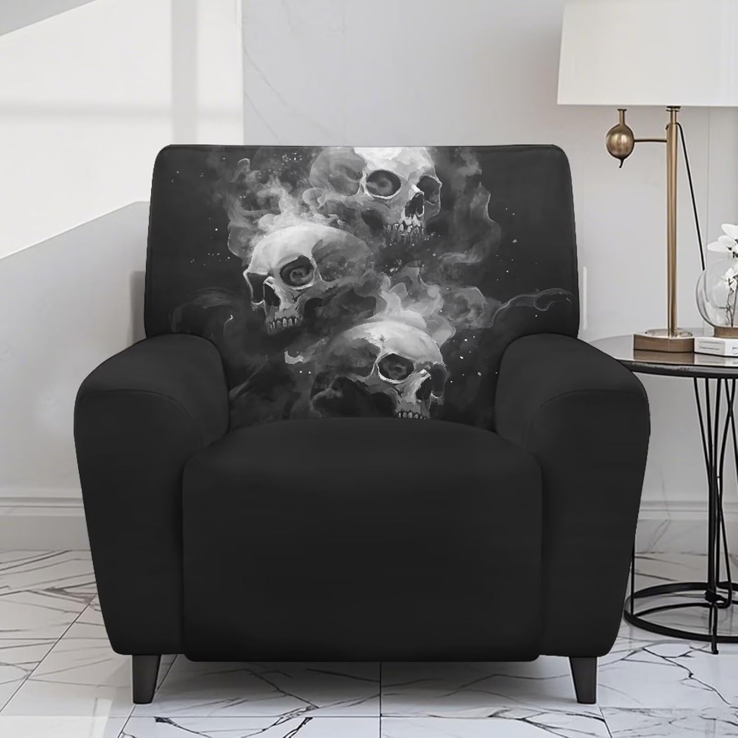 Skull Flame Black Seat Recliner Cover Stretch Sofa Dog Protector Thick Single Seat Recliner Cover with Elastic Bottom for Cushion Reclining Sofa Home Furniture
