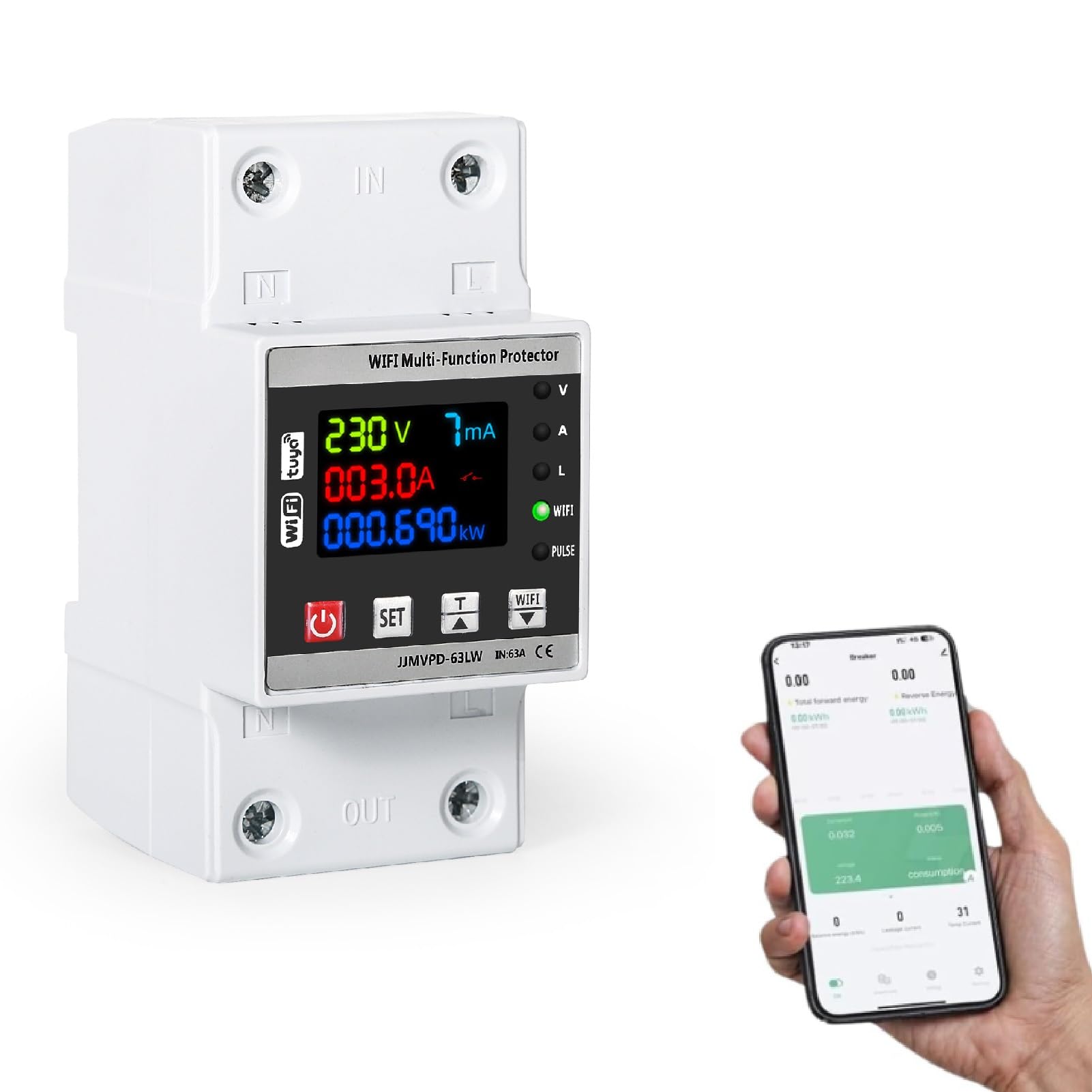 DEWIN Contatore Energia Elettrica WiFi,63A 220V Protettore di Sovratensione e Sottotensione Misuratore Energia Elettrica WiFi Scaricatore di Sovratensione 220V