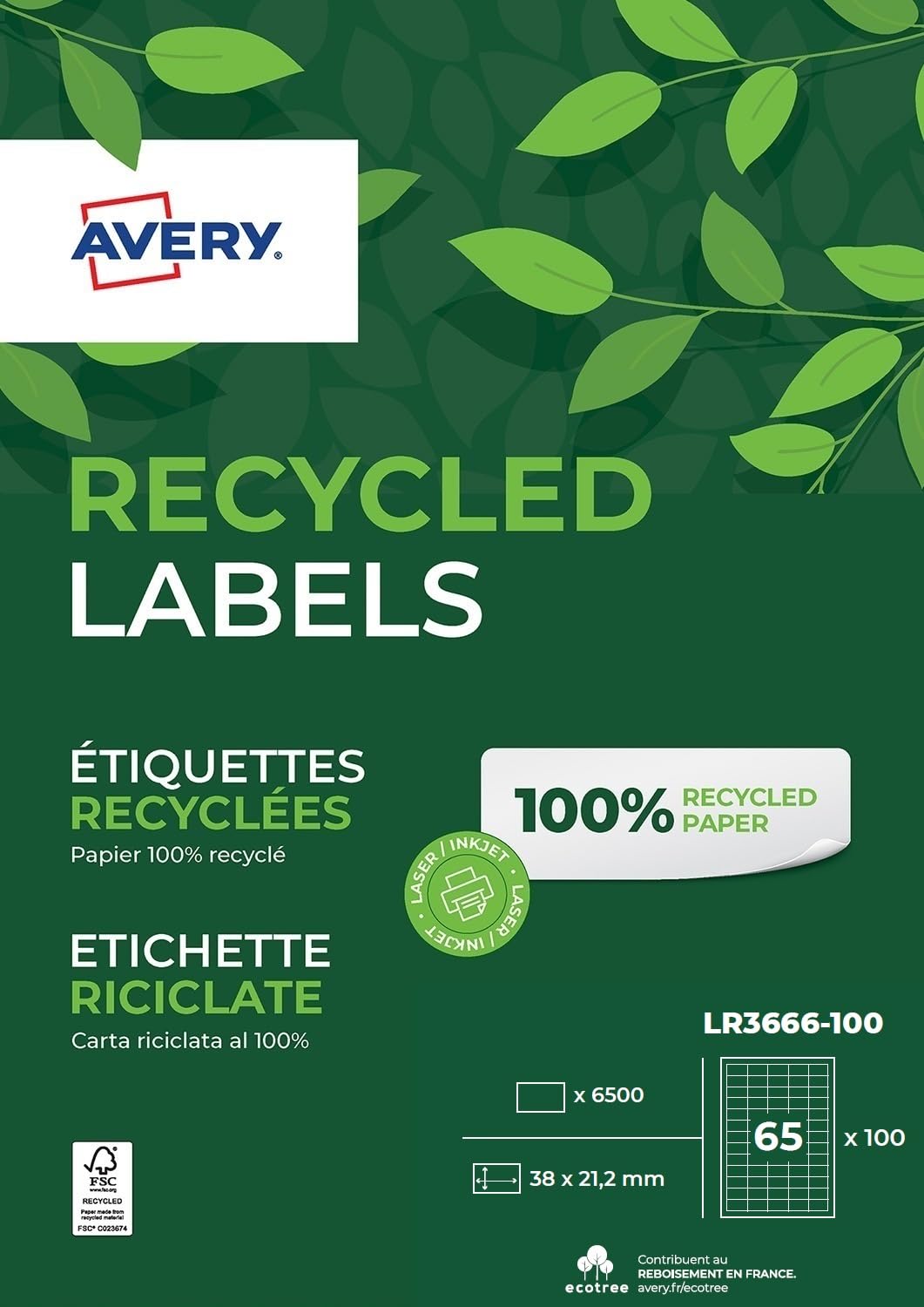 AVERY - 6500 Étiquettes Autocollantes Blanches Personnalisables - 100% Recyclées - Format 38 x 21,2 mm - Impression Laser et Jet d'Encre