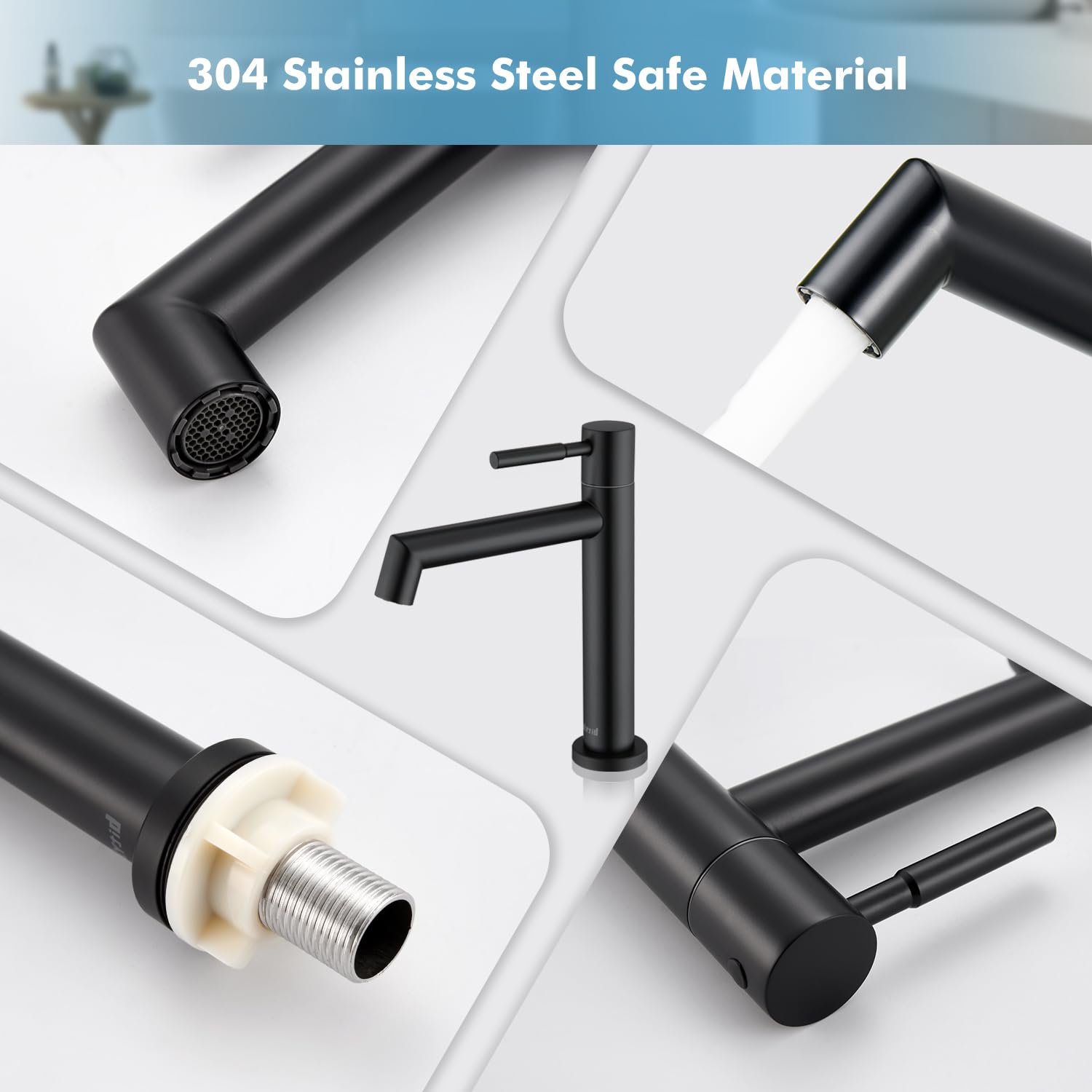 Robinet Eau Froide Uniquement Noir, Robinet Lave Main Salle Bain avec Mousseur Amovible, Acier Inoxydable avec Hauteur sous Bec 113 mm pour WC Invités