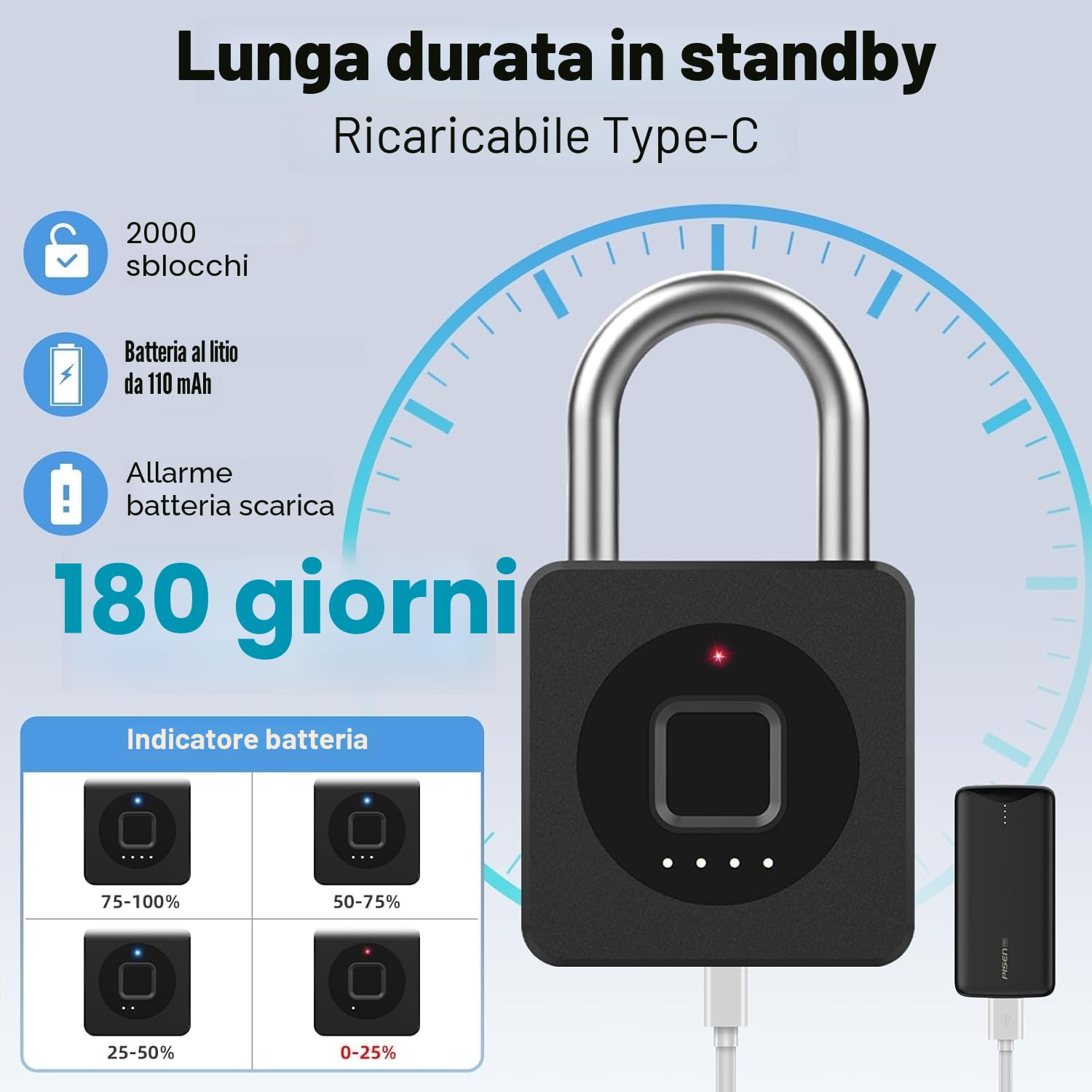 eLinkSmart lucchetto per armadietto da palestra, sblocco con impronta digitale o APP mobile, telecomando, registrazione, impermeabile, lucchetto con impronta digitale per palestra, armadietto,nero
