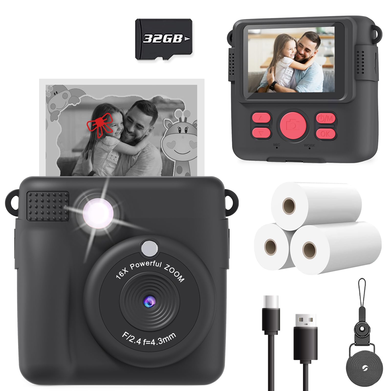 ESOXOFFORE Kids Camera Instant Print, Christmas Birthday Gifts for Kids Age 3-12, Selfie Digital Camera with 1080P Videos,Toddler Portable Travel