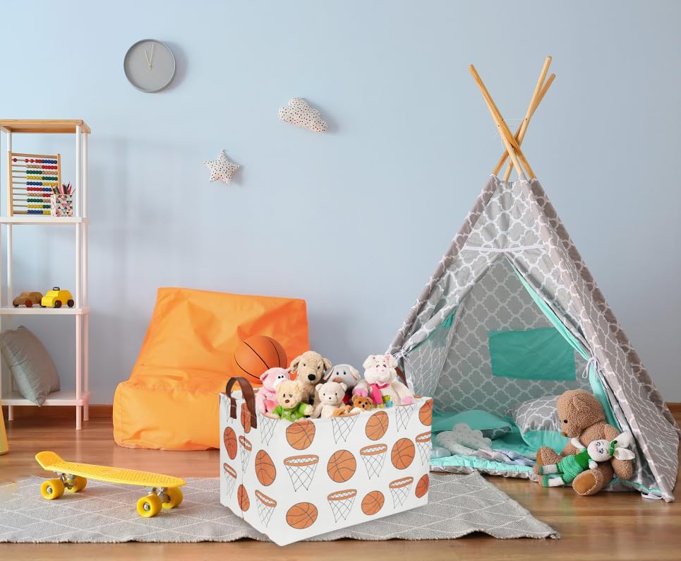 Image of Rectangular Baketball Baskets,Kids Basket for Boy.Waterproof PE Coating Cute Basket with Handles.Boys Bin,Toys Box,Books Bins. (Basketball)