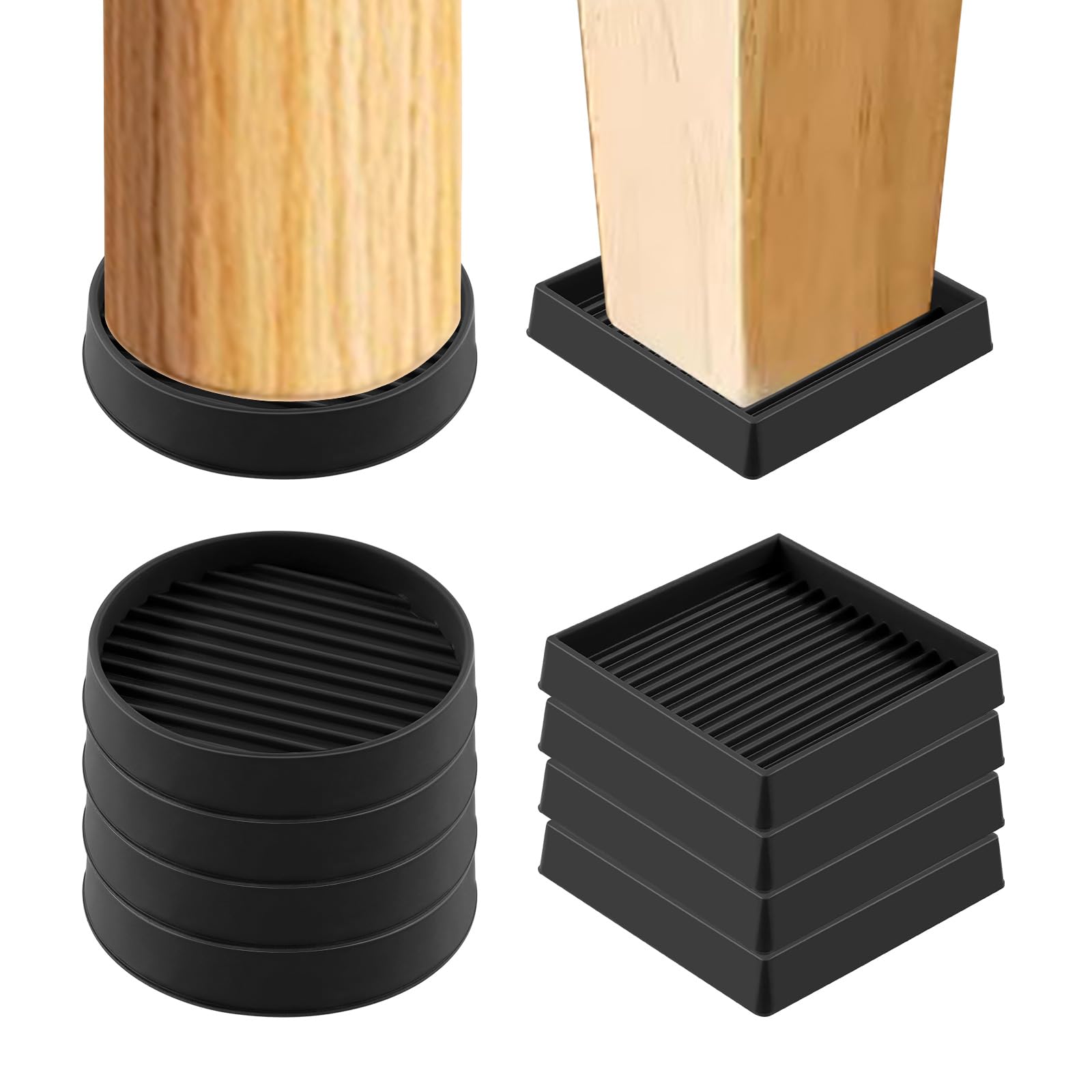 Swpeet 8Pcs 2" x 2" 2 Styles Round and Square Black Rubber Anti Skid Caster Cups Non Slip Furniture Pads Kit