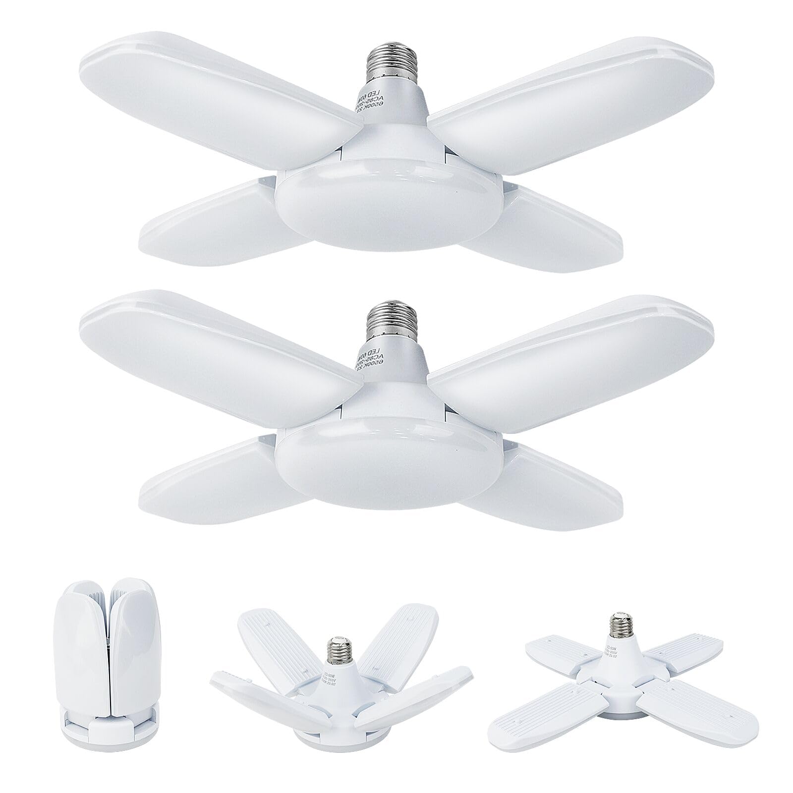 LED Garage Lights 2 Pack 60W E26/E27 6000LM, Deformable LED Garage Ceiling Lights with 4 Adjustable Panels, LED Shop Light 6500K Daylight for Garage Workshop Basement Warehouse