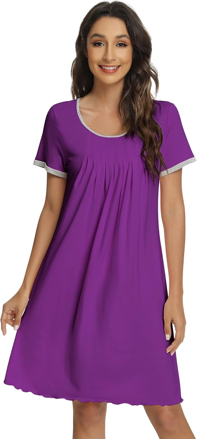 WiWi Viscose from Bamboo Nightgowns for Women Short Sleeve Night Shirts Pleated Sleep Shirt Plus Size Nightshirt S-3X