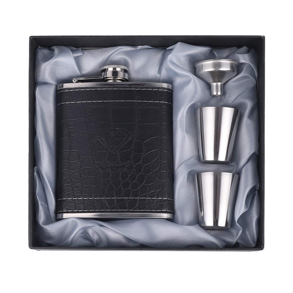 Stainless Steel Leather Hip Flask Set 7 Oz with 2 Cups 1 Funnel for Storing Whiskey/Alcohol, Gift Box