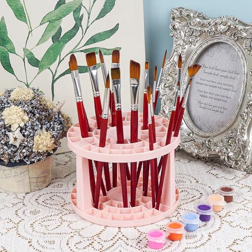 Image of Round 50 Hole Paint Brush Holder and Organizer, Makeup Cosmetic Brushes, Pencils, Pens, Markers, Art Tools, Desk Stand (Pink)