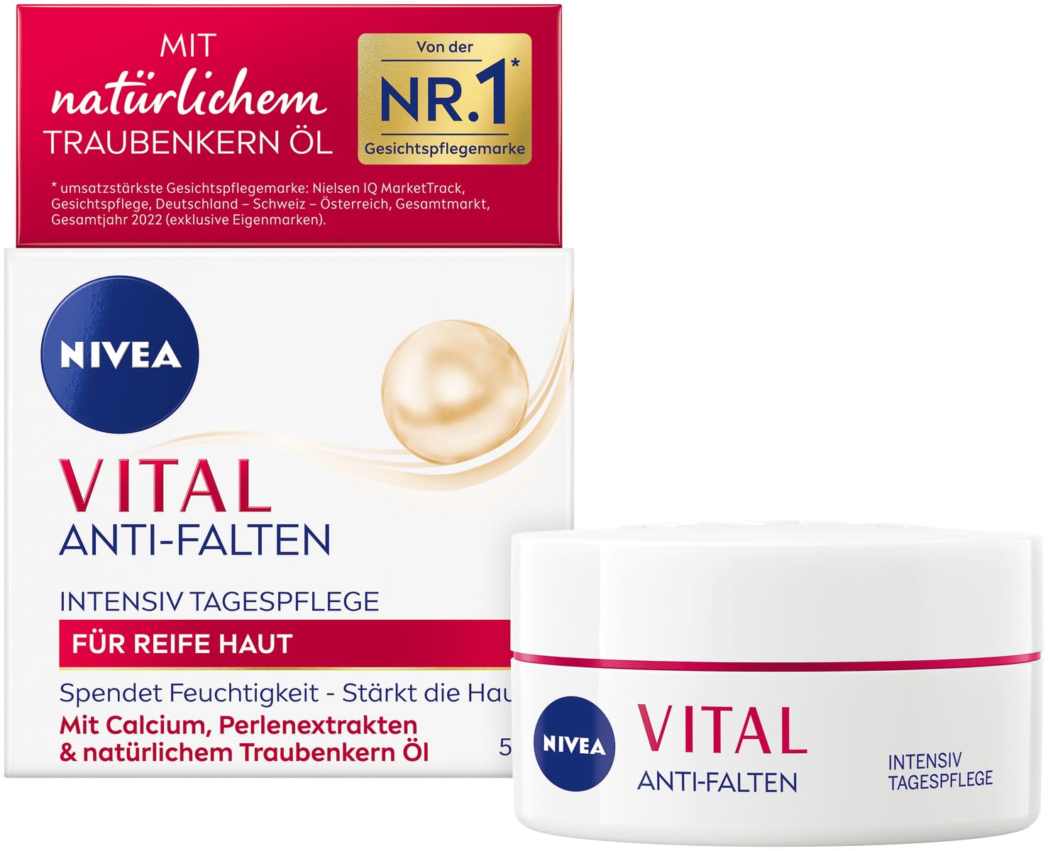 NIVEA VITAL Anti-Falten Intensiv Tagespflege für reife Haut, Gesichtspflege mit Calcium, Perlenextrakten & natürlichem Traubenkern Öl, Tagescreme für intensive Feuchtigkeit (50 ml)