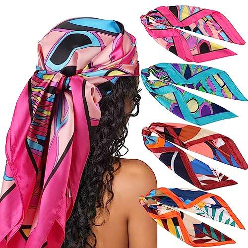 Image of DRESHOW 35 inch Large Square Satin Head Scarf - 4Pcs Silk Accessories Classic Patterned Squares Beach Bandanas for Women