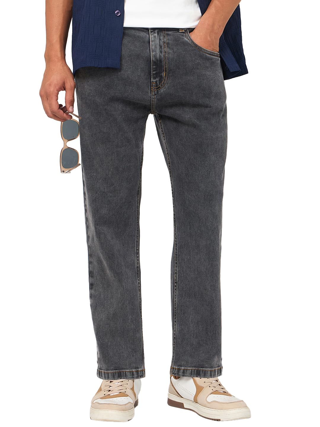 Bewakoof Men's Washed Straight Fit Cotton Blend Jeans in neutral