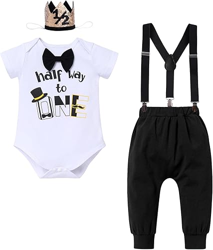 IDOPIP My 12 Birthday Boy Outfit Baby Boy Half Way to One Cake Smash Photo Prop Mameluco con tirantes y diadema