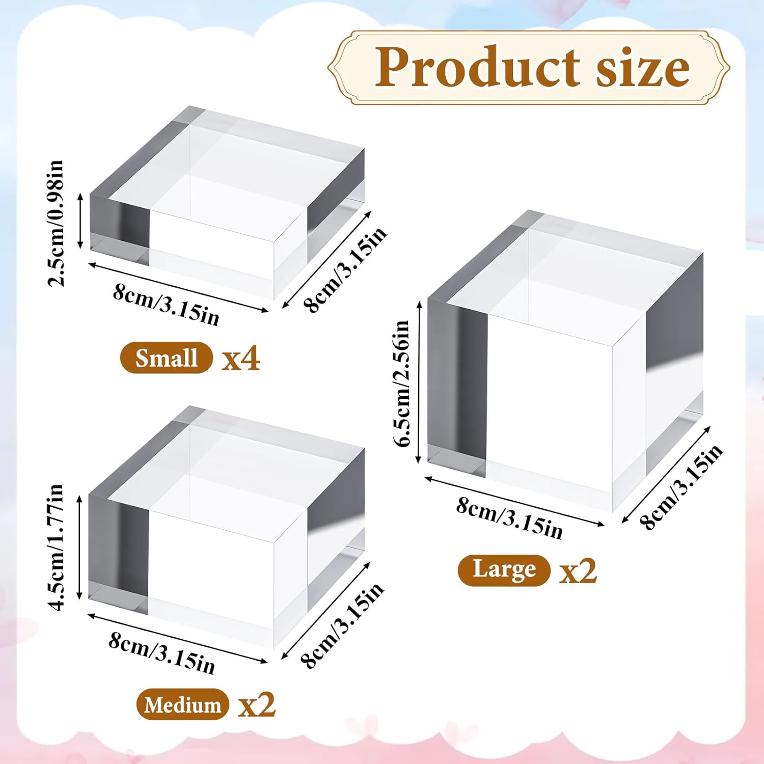 6 Packs Acrylic Square Display Block 3.15 x 3.15 inches Clear Polished Acrylic Square Display Cube, Solid Display Risers Stands Jewelry Display Pedestal Stand for Jewelry Ornaments Collection(3 Size)