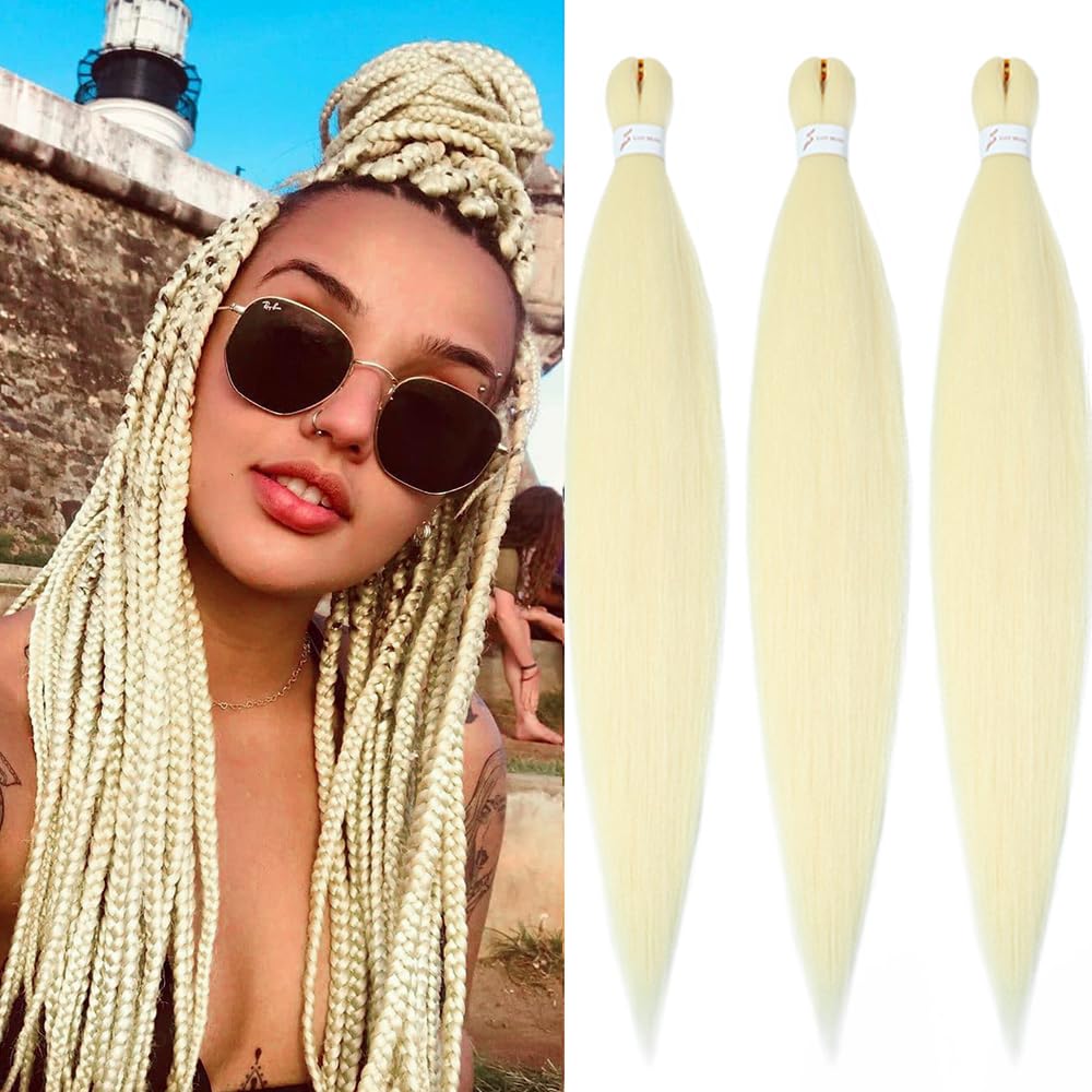 613 Braiding Hair Extensions 26 Inch Blonde Braiding Hair Pre stretched Yaki Braids Hair Hot Water Setting Synthetic Pre stretched Crochet Hair(26 Inch,3 Packs,613#)