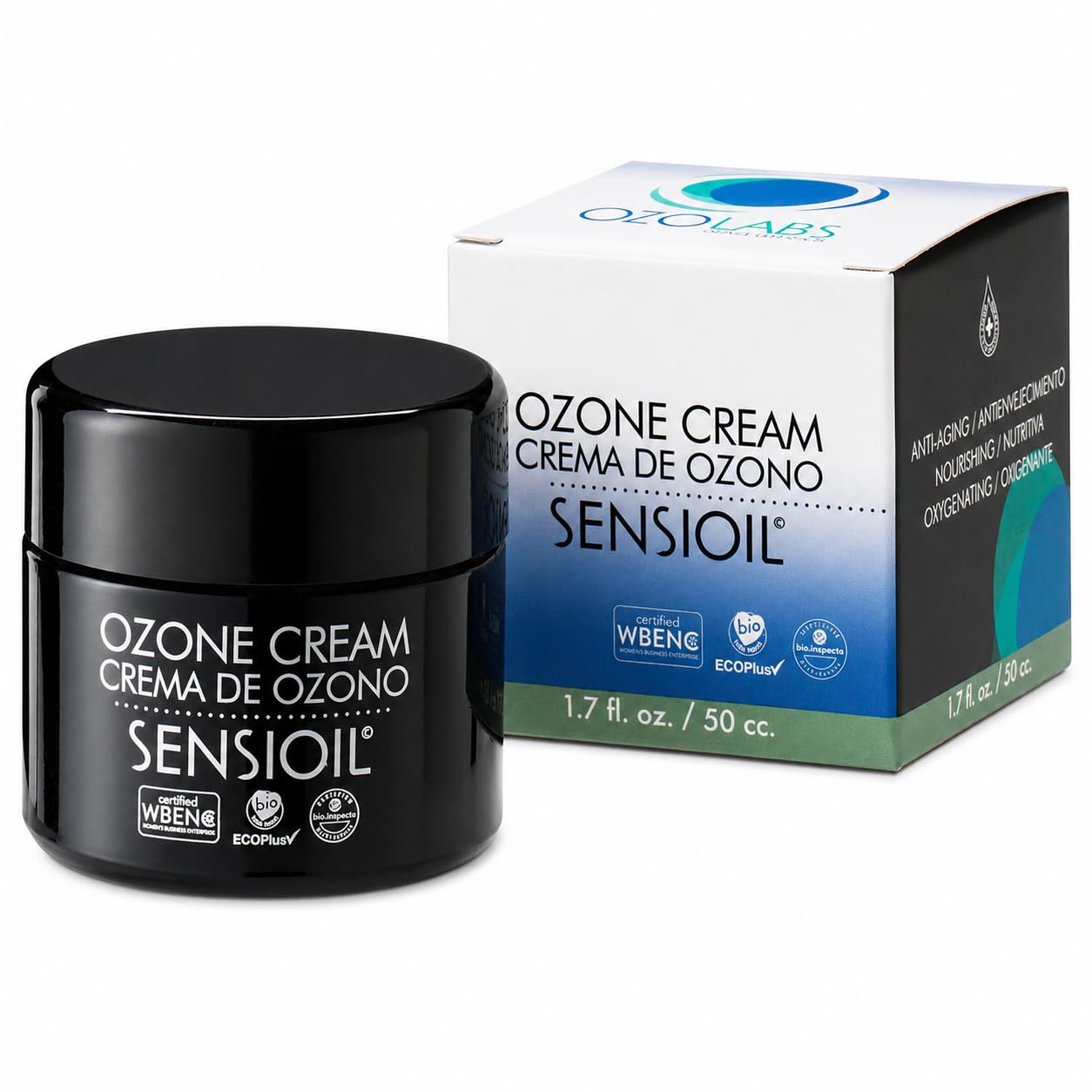OZOLABS Ozon-Gesichtscreme 50 ml - Feuchtigkeitscreme Anti-Aging für empfindliche Haut | Ozonöl Olive, Sonnenblume + Aloe Vera | Regenerierend für Tag & Nacht | Vegan, Bio | EcoPlus · ISO 9001