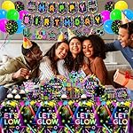 Neon Party Supplies Serves 24,Glow in The Dark Themed Tableware Including Plates,Napkins,Banner,Tablecloths Neon Birthday Party Decorations for Let's Glow Baby Shower Birthday Favors - Image 4