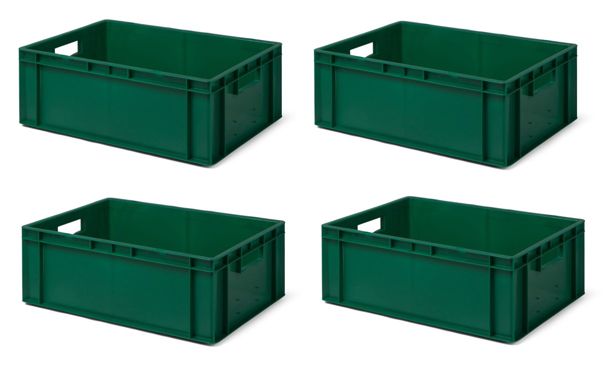 1a-TopStore 4 Stk. Transport-Stapelkasten TK621-0, grün, 600x400x210 mm (LxBxH), aus PP, Volumen: 40 Liter, Traglast: 50 kg, lebensmittelecht, made in Germany, Industriequalität