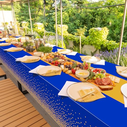 Image of 6Pcs Blue and Gold Tablecloth Party Decorations,Plastic Royal Blue Table Cloth Printed Gold Table Runner Disposable Rectangle Table Cover for Birthday Anniversary Wedding Graduation Party,54 x108 Inch
