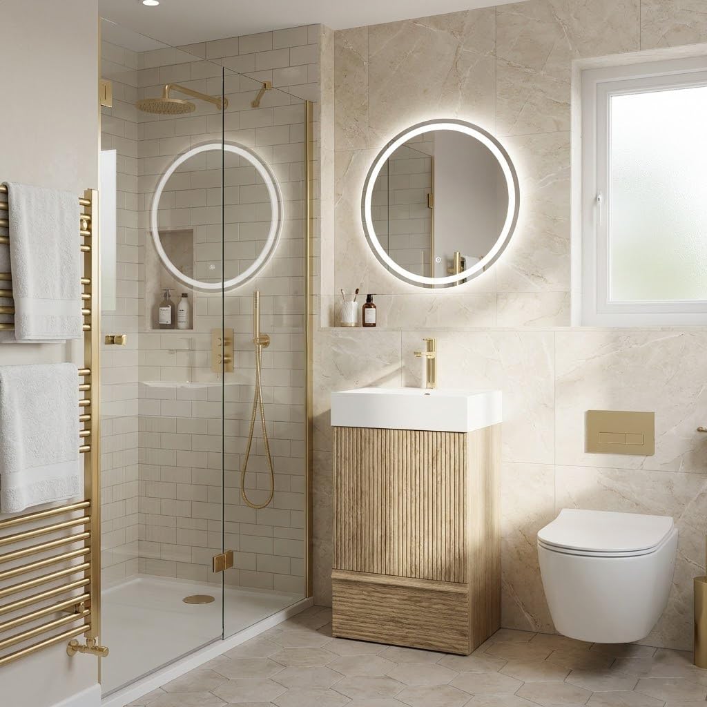 Fashionable Striped​ 20 inch Bathroom Vanity with Golden Metal Sink, Freestanding Modern Storage Cabinet with Soft-Closing Door 1 Drawer, for Small Bathroom, Powder Room, Hotel Light Oak