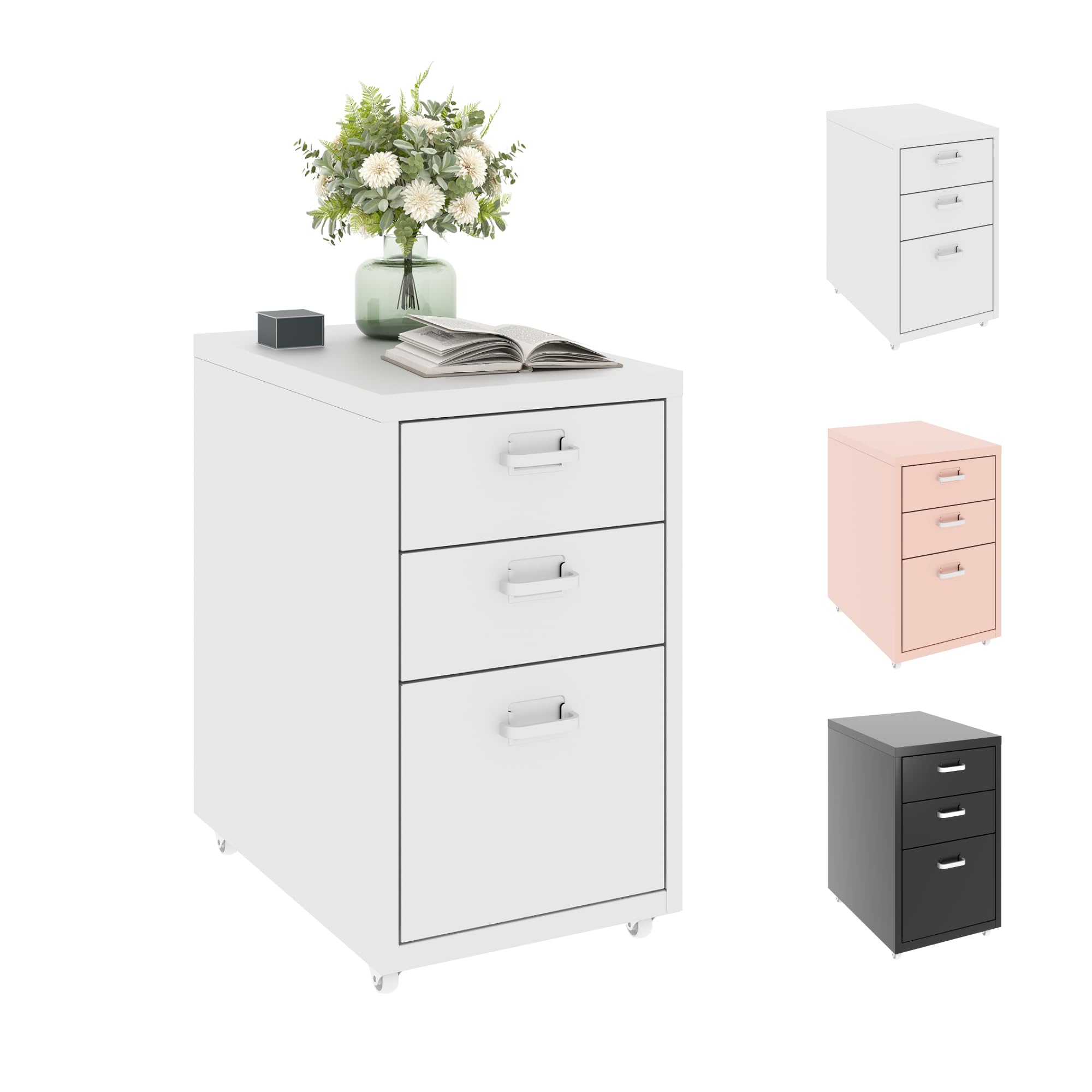 FLEXISPOT Mobile File Cabinet with 3 Drawers, Rolling Filing Cabinet with Wheels,Under Desk Office Storage for Home & Office (White)