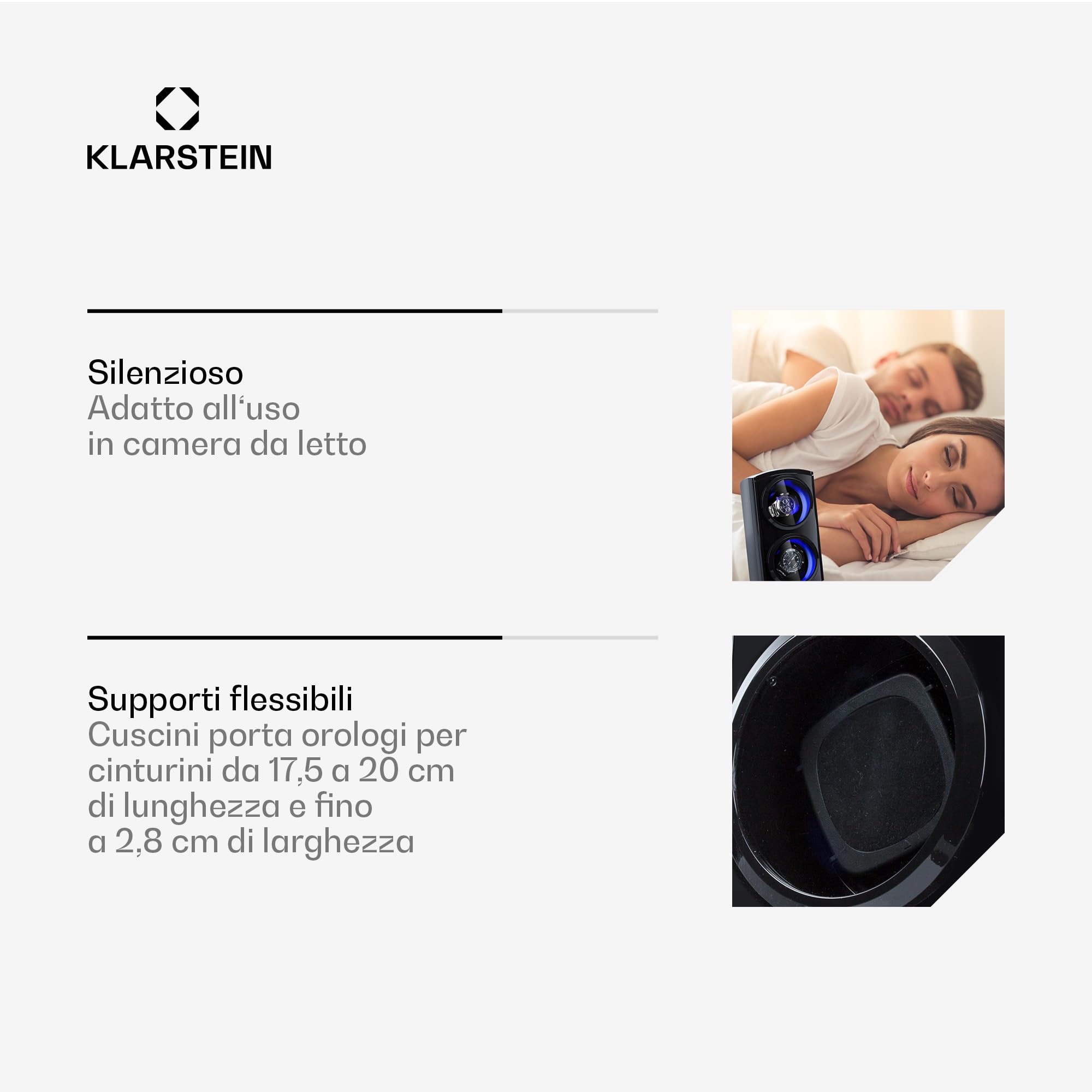 KLARSTEIN St. Gallen Premium - Scatola del Tempo, Watch Winder, Carica Orologi Automatici, Capacità: 2 Orologi, 4 Velocità, Funzionamento Senso Orario, LED, Nero