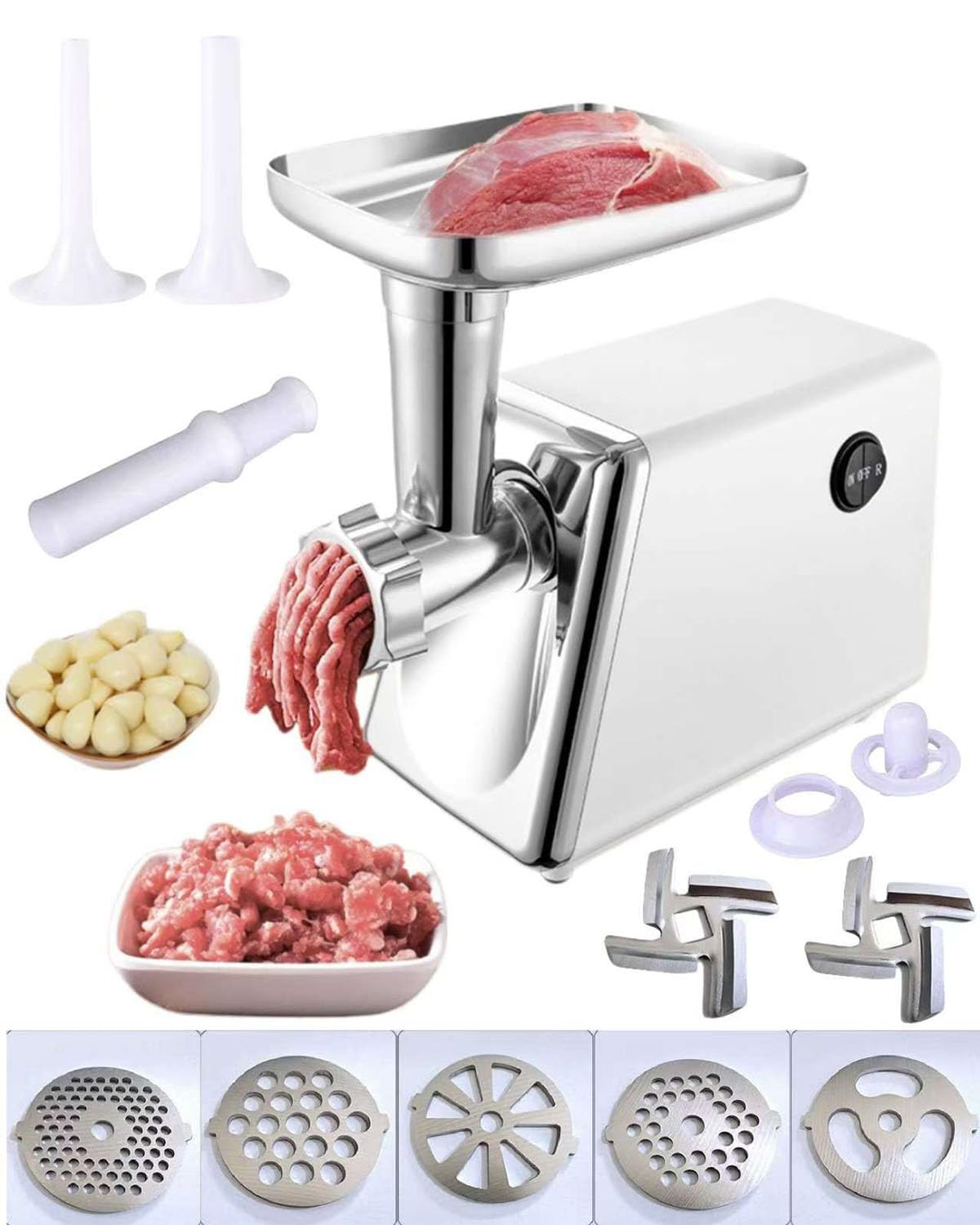 Zuguachi Electric Meat Grinder, Multifunctional Household Food Processing Machine, Stainless Steel White