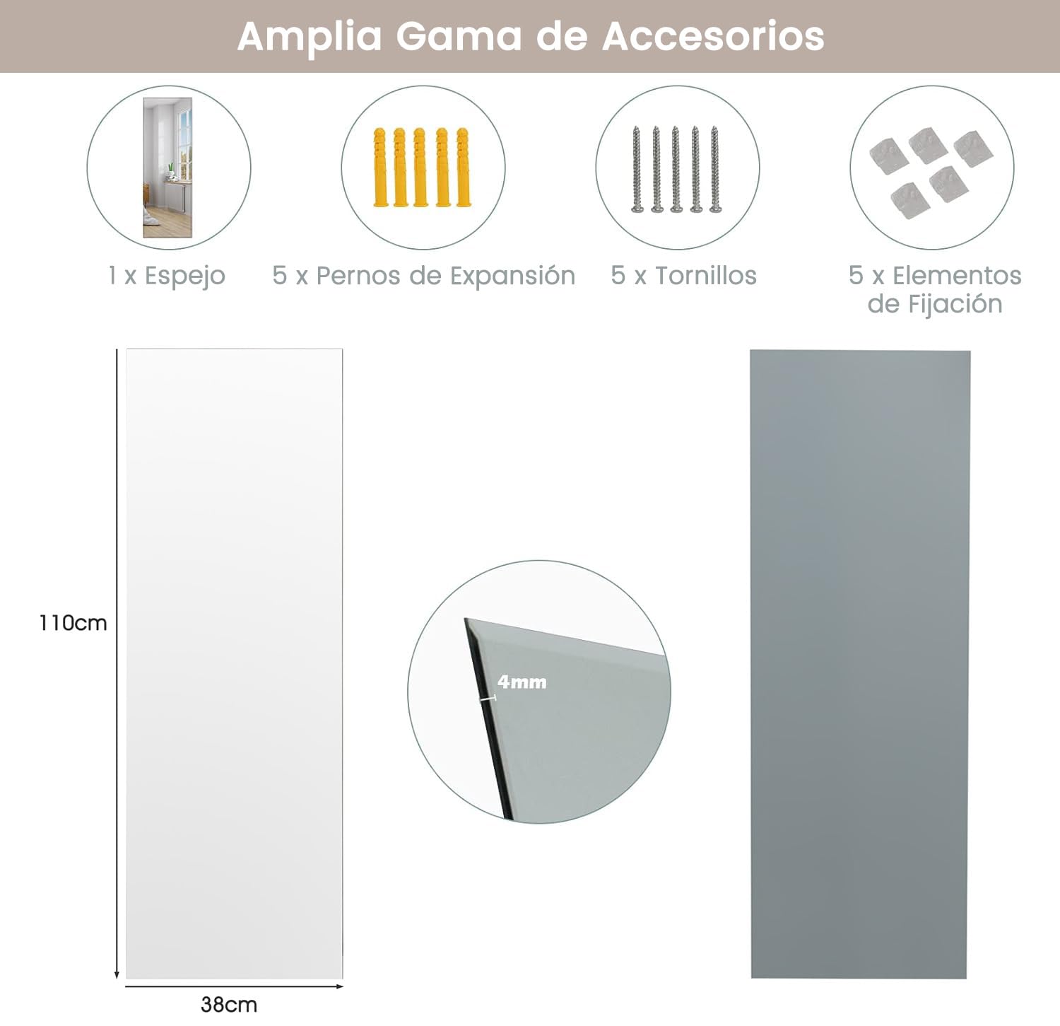 RELAX4LIFE Espejo Cuerpo Entero Pared 110x38cm, Espejo Rectangular sin Marco de Cristal Antiexplosión para Dormitorio, Salón y Recibidor, Montaje Vertical y Horizontal, Espelho Corpo Inteiro