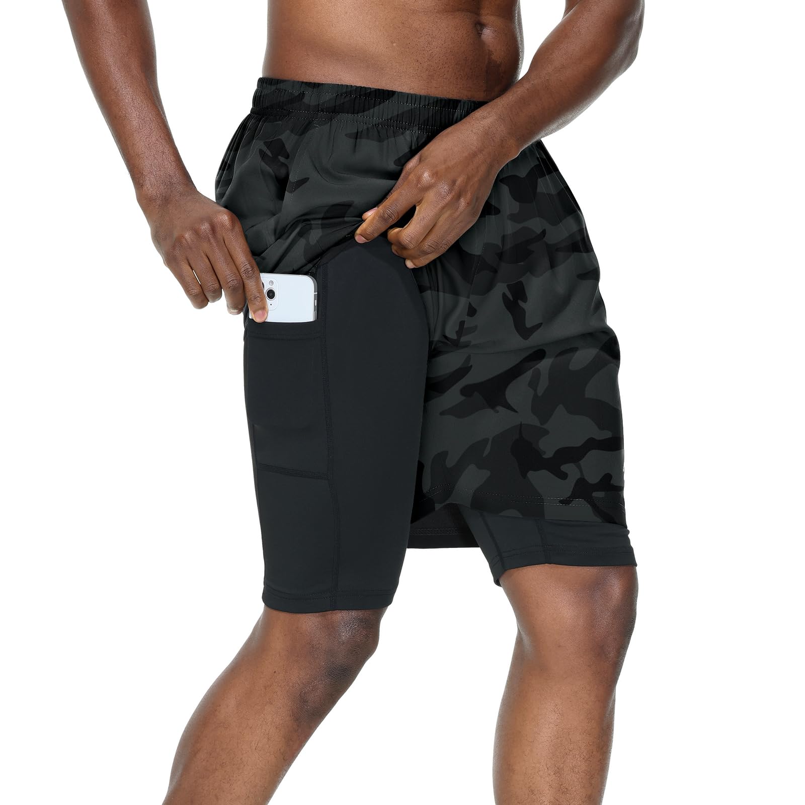 HMIYA Herren 2 in 1 Shorts Fitness Sporthose Kurz Jogginghose Schnelltrocknende Laufhose mit Kompressionsshorts und Taschen Reißverschlussfach