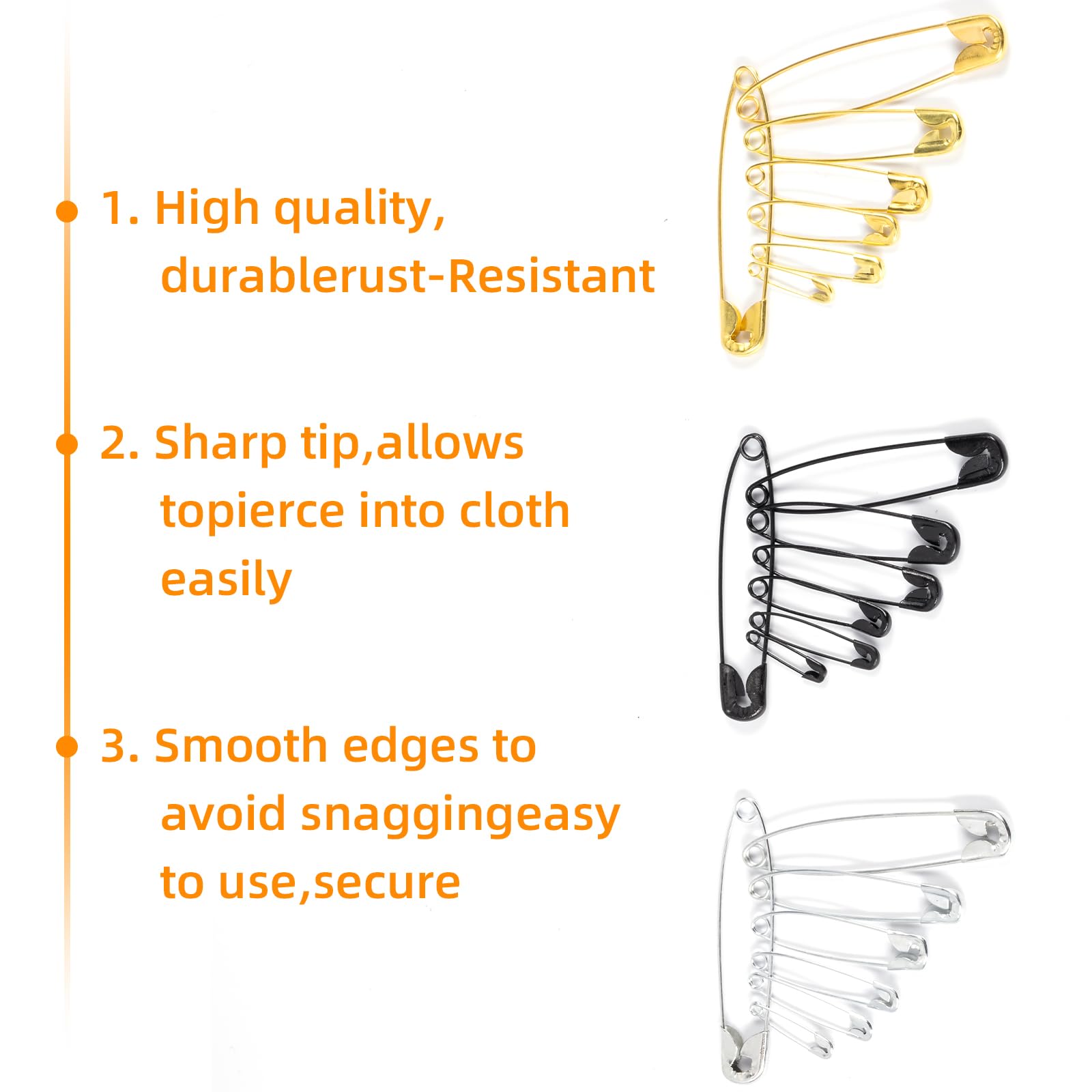 Kiperline 900 spille da balia, 6 misure, da 18 a 53 mm, resistenti alla ruggine, resistenti alla ruggine, per abbigliamento, artigianato, cucito, (argento + nero + oro)