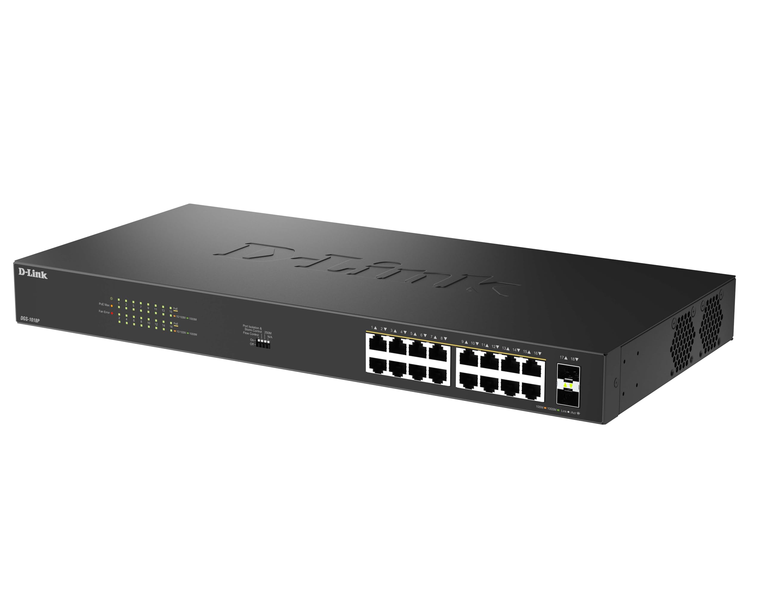 D-Link DGS-1018P Switch PoE Gigabit de 18 Puertos – sin gestión, 16 Puertos PoE+ (30W Puerto, 240W Budget), 2 Uplinks SFP Enlaces Fibra, Kit Montaje en Rack, IEEE 802.3af/at