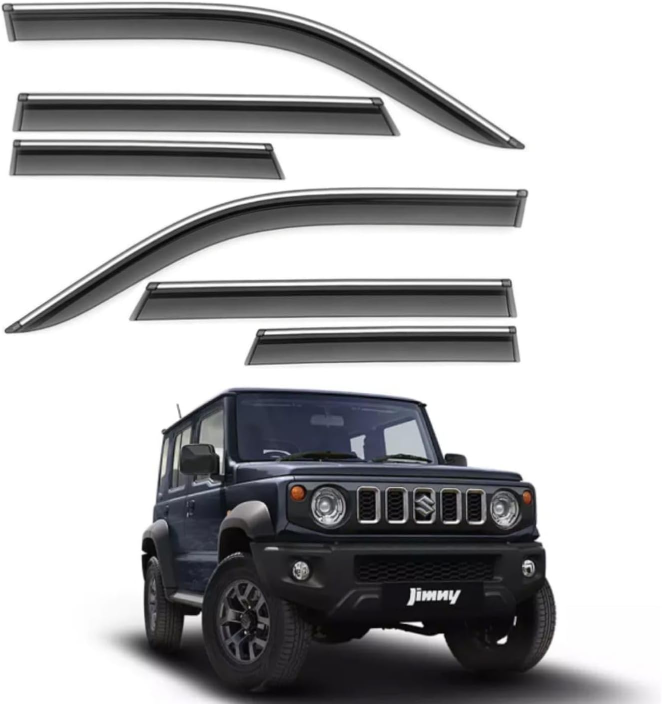 Car Rain Wind Door Visor Side Window Deflector with Chrome Line for Maruti Suzuki Jimny All Models - Black Color (Pack of 6)