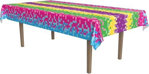 Beistle Mantel de 8 bits, 54 x 108 pulgadas, mantel de plástico, decoraciones de fiesta de videojuegos, mantel de los años 80, decoraciones de