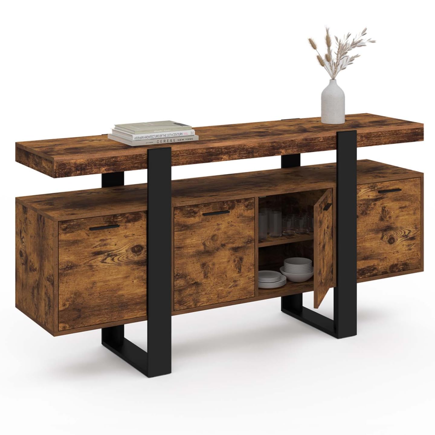 IDMarket Phoenix XXL - Aparador (160 cm, 4 puertas, efecto madera antigua y negro