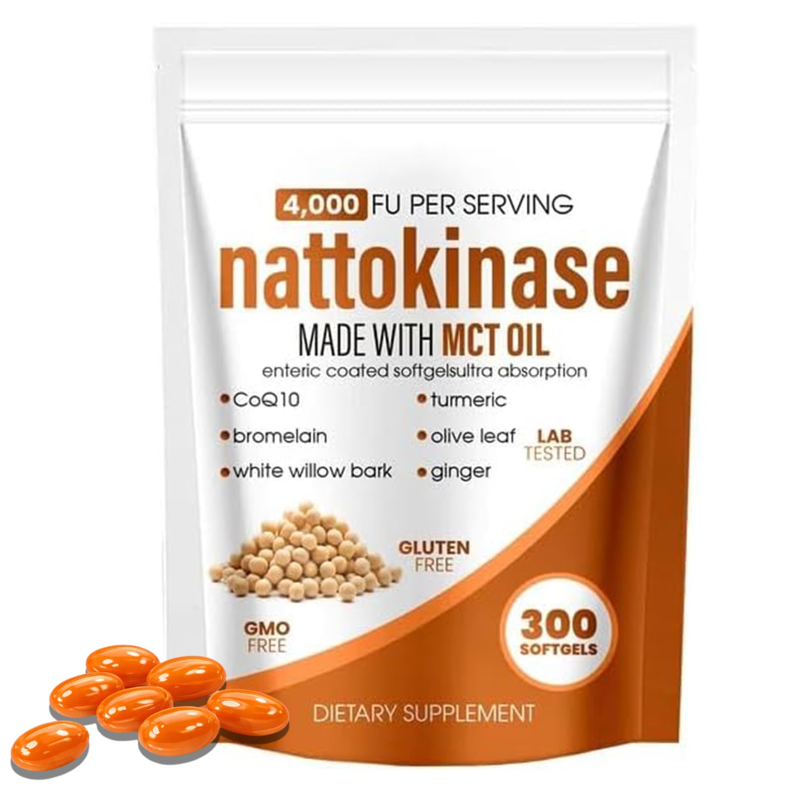 BnPnCn Complexo de Nattokinase com MCT, CoQ10, bromelina, cúrcuma, gengibre, folha de oliveira e casca de salgueiro-branco, 4.000 FU, 300 cápsulas gelatinosas
