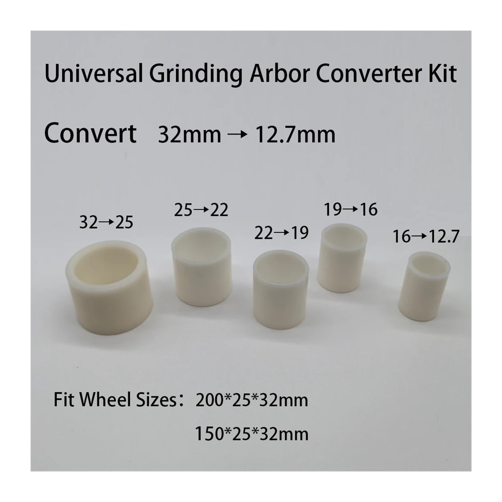 Kit de 5 reductores de muelas abrasivas industriales (32-25-22-19-16-12,7 mm) con anillos adaptadores de plástico for amoladora angular de banco de 200/150 mm.