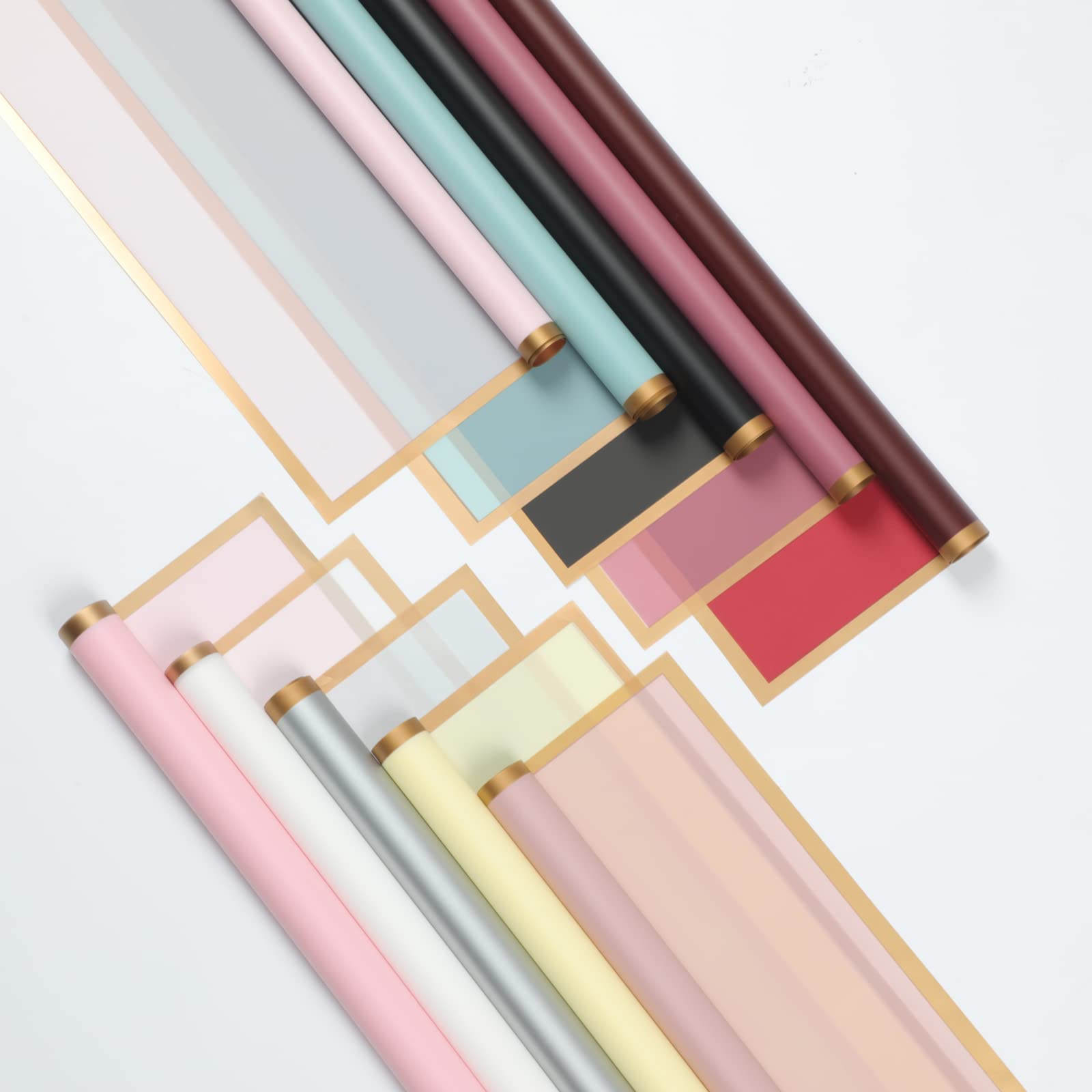 Homaisson 100pcs Wrapping Paper, Waterproof Flowers Packaging Paper with Gold Border in Ten Colors, DIY Wrapping Sheets with 50 Yards Double Face Satin Ribbon for Gift Box Packaging Florist Bouquet.