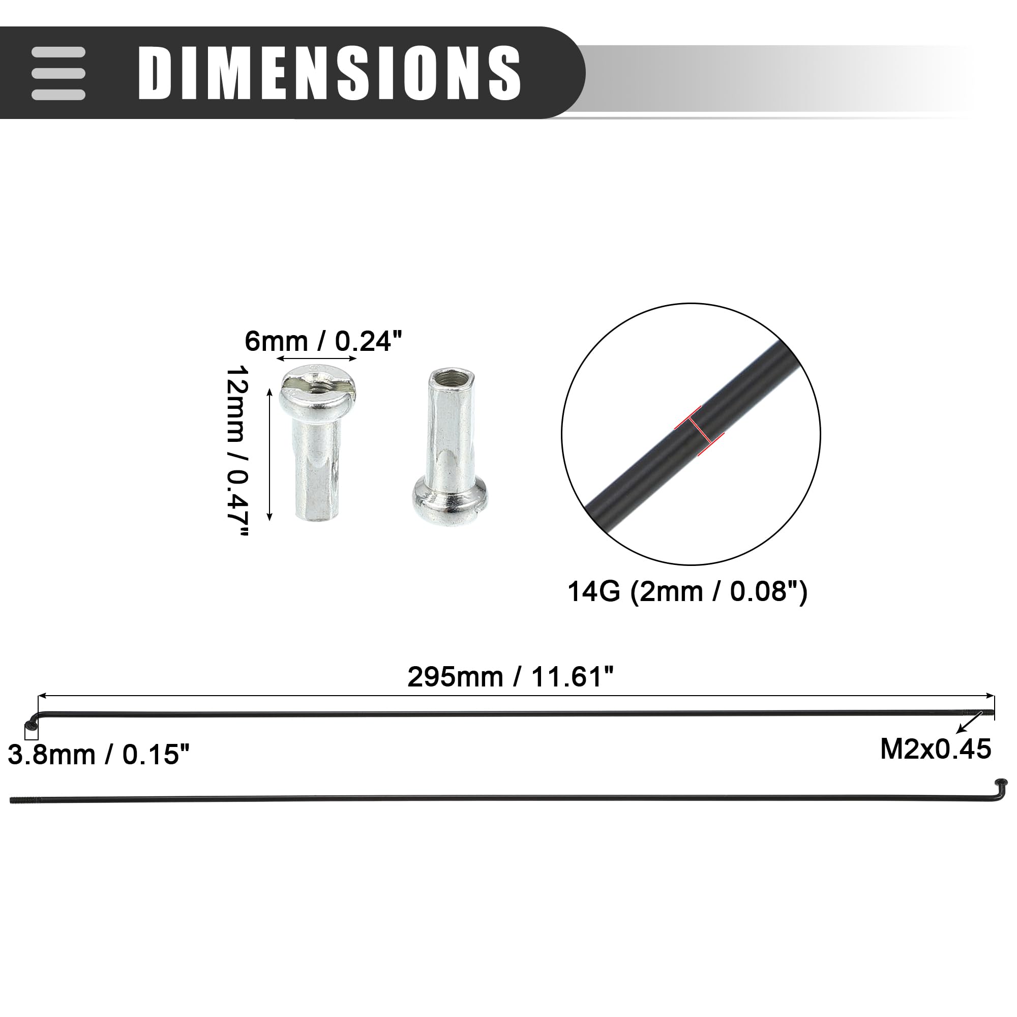 Motoforti Universal Bike Spokes with Nipples, 14G J Bend 295mmx2mm, 12 Pcs, Black - Image 3