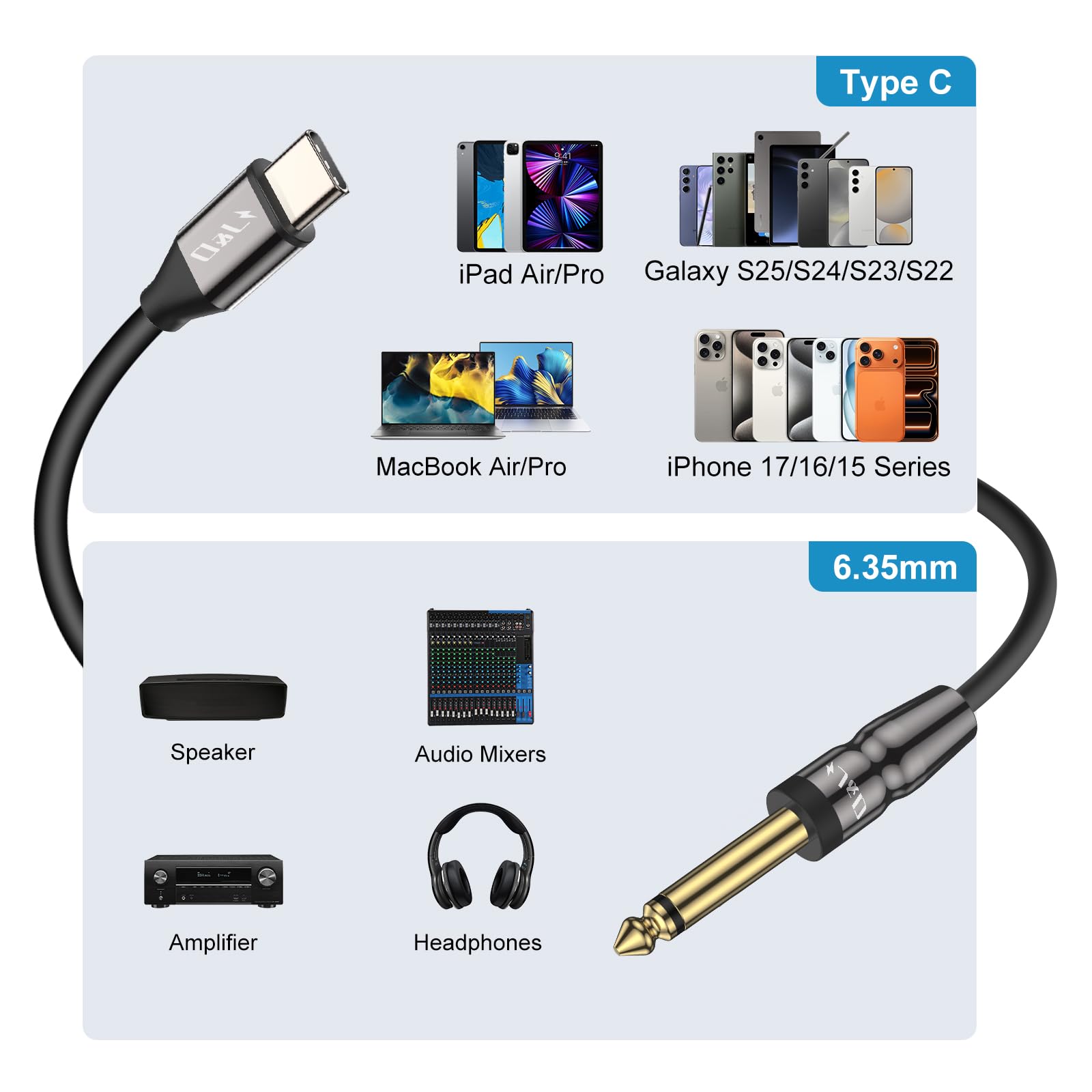 J&D USB-C a 6,35 mm 1/4 Pollice TS Audio Mono di Interconnessione Auxiliare Adattatore Cavo, Compatibile con iPhone 16/17 Serie, Galaxy S24/S25, AMP Mixer, 1 m