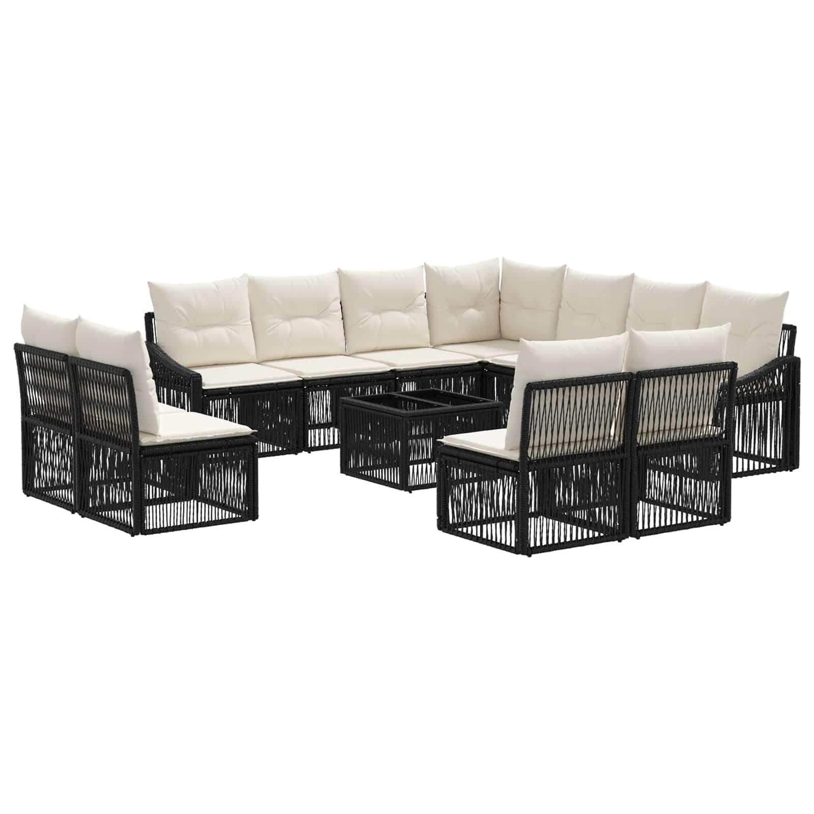 Set di divani da giardino in polyrattan da 12 pezzi, colore nero | Salotto angolare modulare per terrazza e giardino con 11 posti e fodere lavabili.