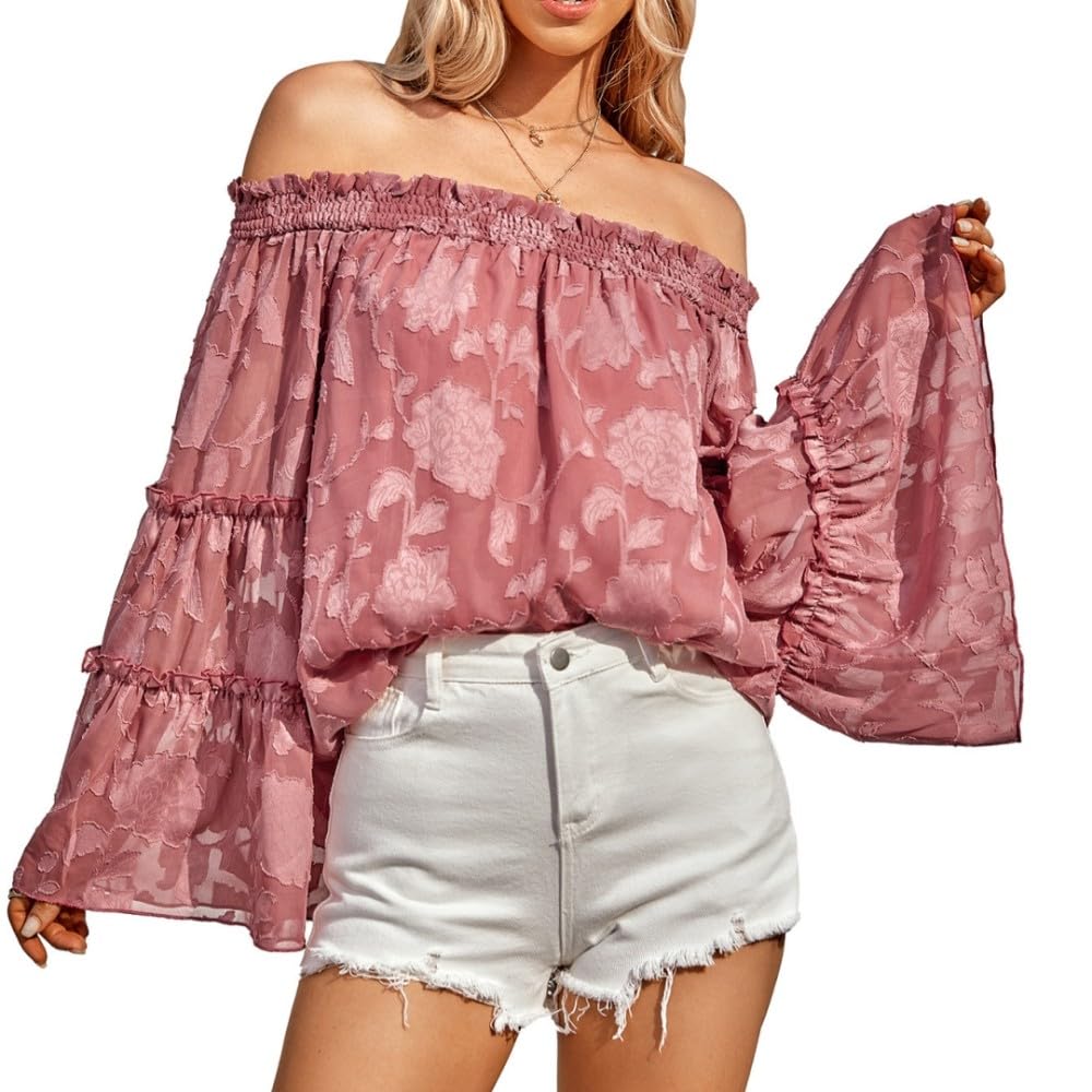 Top Femme Sexy,Chemisier Décontracté pour Femme À Épaules Dénudées Pull Chemise Rose Foncé en Mousseline De Soie Pivoine Jacquard Floral Sexy Évasé À Manches Longues Chemisier Élégant TR
